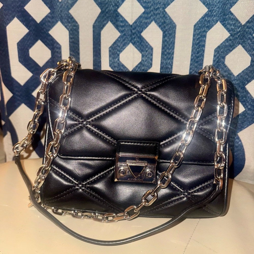 Michael Kors Black and Silver Crossbody Bag with Quilted Design